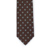 Brown woven silk tie, teal and white neat medallion print