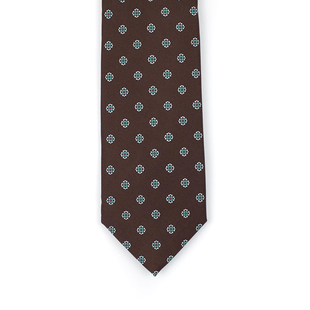 Brown woven silk tie, teal and white neat medallion print