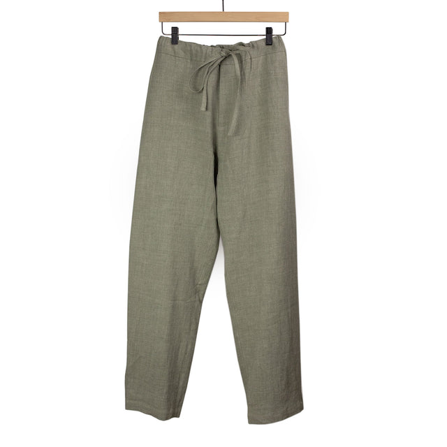 Lounge trousers in almond green belgian linen and wool
