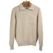 Moss-stitch collared sweater in buttermilk cotton and linen