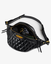 Diamond Stitched Leather Waist Bag - Black