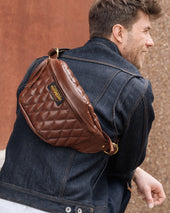 Diamond Stitched Leather Waist Bag - Brown