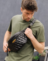Diamond Stitched Leather Waist Bag - Black