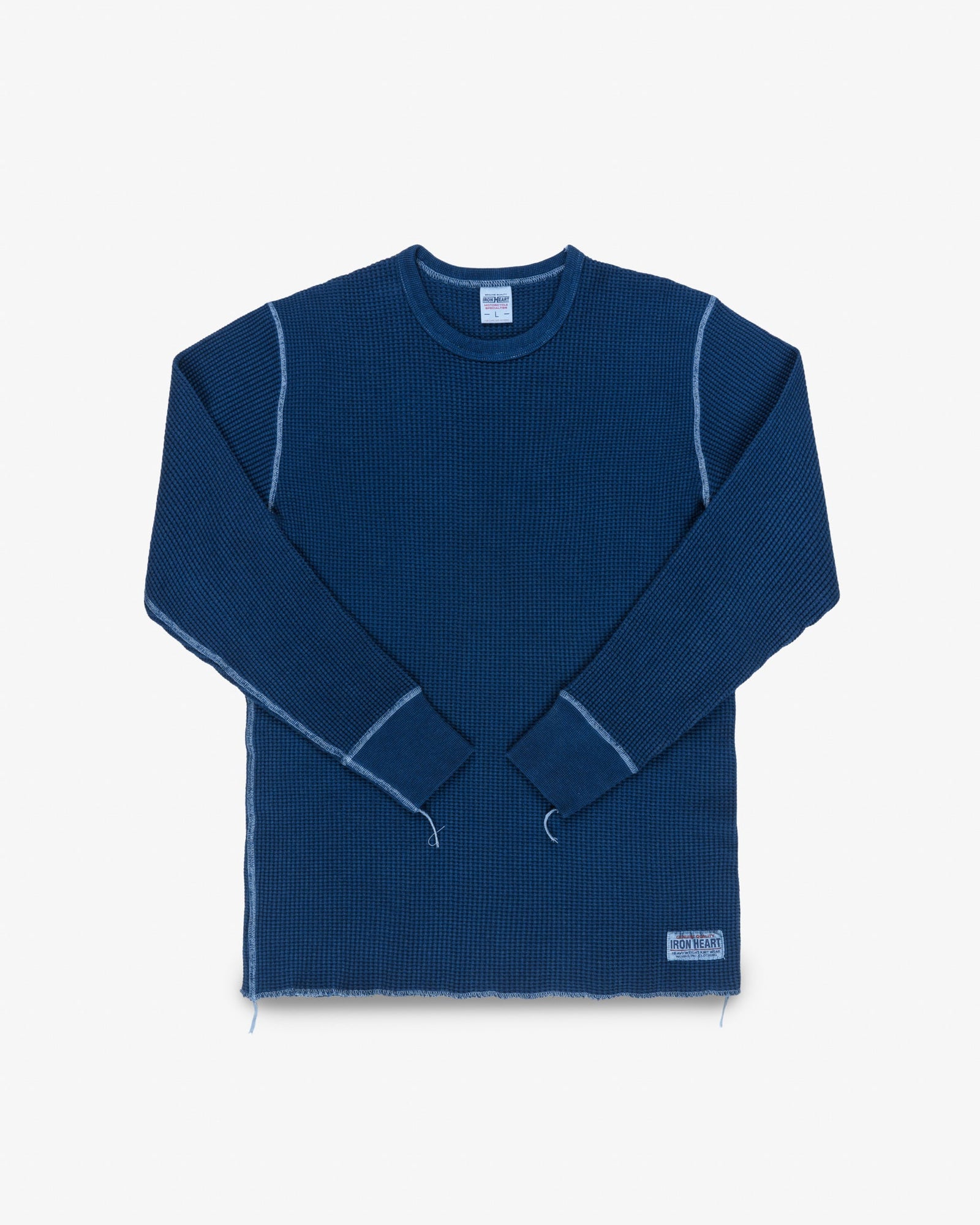 Waffle Knit Long Sleeved Crew Neck Thermal Top - Indigo Dyed