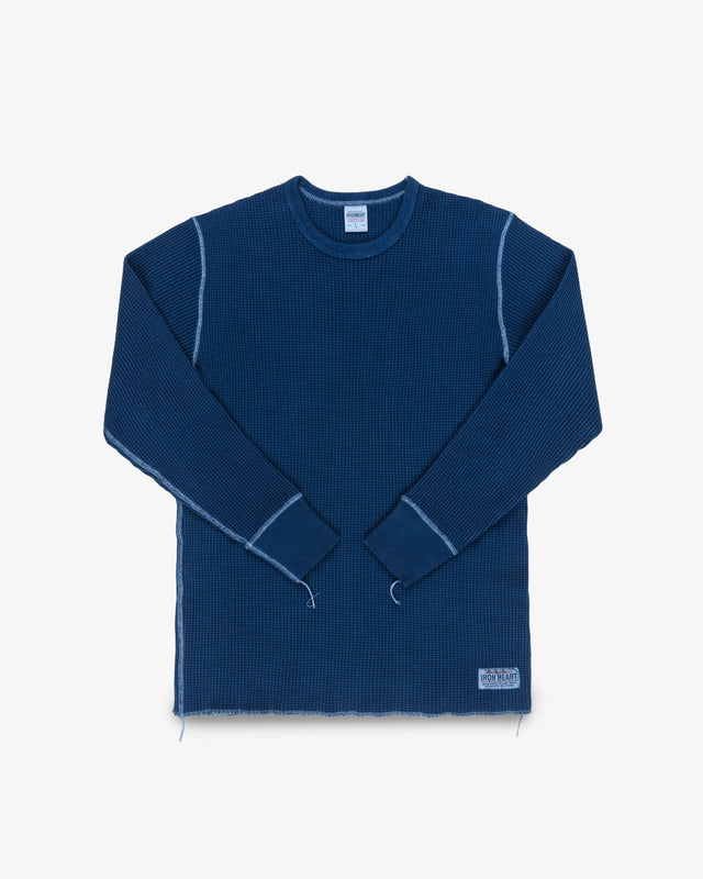 Waffle Knit Long Sleeved Crew Neck Thermal Top - Indigo Dyed