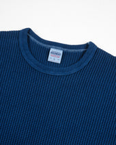 Waffle Knit Long Sleeved Crew Neck Thermal Top - Indigo Dyed