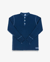 Waffle Knit Long Sleeved Thermal Henley - Indigo Dyed
