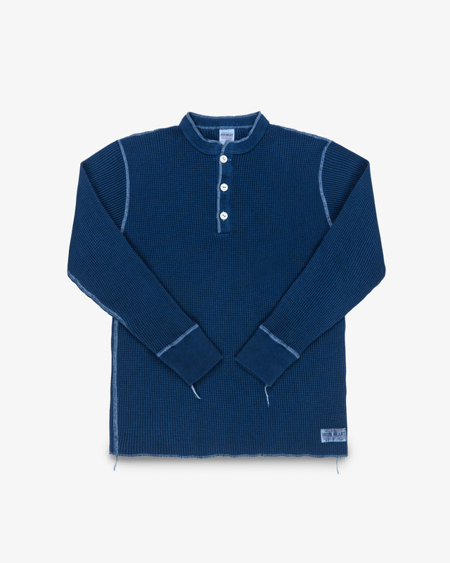 Waffle Knit Long Sleeved Thermal Henley - Indigo Dyed