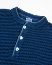 Waffle Knit Long Sleeved Thermal Henley - Indigo Dyed