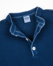 Waffle Knit Long Sleeved Thermal Henley - Indigo Dyed