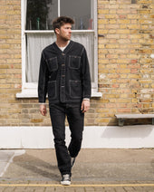 10.5oz Herringbone Collarless Chore Jacket - Black Overdyed Black