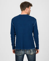 Waffle Knit Long Sleeved Crew Neck Thermal Top - Indigo Dyed