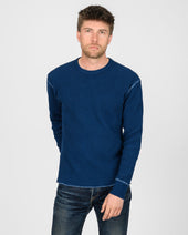 Waffle Knit Long Sleeved Crew Neck Thermal Top - Indigo Dyed