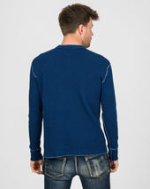 Waffle Knit Long Sleeved Thermal Henley - Indigo Dyed