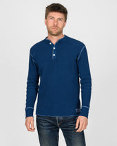 Waffle Knit Long Sleeved Thermal Henley - Indigo Dyed