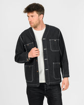 10.5oz Herringbone Collarless Chore Jacket - Black Overdyed Black