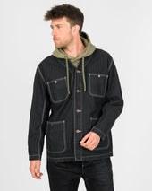 10.5oz Herringbone Collarless Chore Jacket - Black Overdyed Black