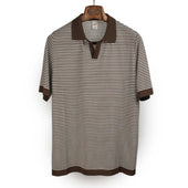 Knit short sleeve polo in brown and ecru striped cotton
