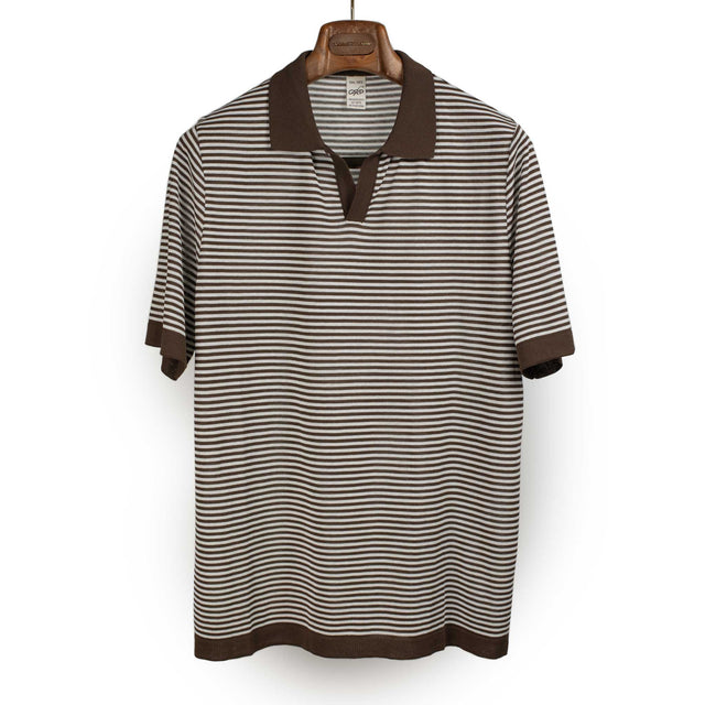 Knit short sleeve polo in brown and ecru striped cotton