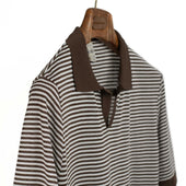 Knit Short Sleeve Polo In And Ecru Striped Cotton