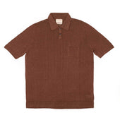 Short Sleeve Polo In Cinnamon Perforated Stripe Linen