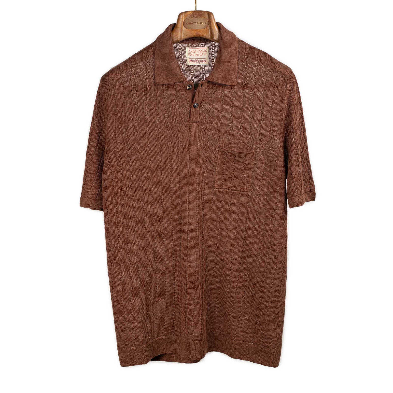 Short Sleeve Polo In Cinnamon Perforated Stripe Linen