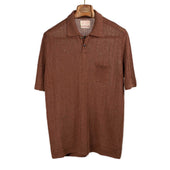 Short sleeve polo in Cinnamon perforated stripe linen