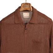 Short Sleeve Polo In Cinnamon Perforated Stripe Linen
