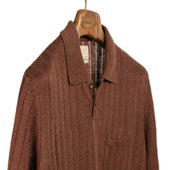 Short Sleeve Polo In Cinnamon Perforated Stripe Linen