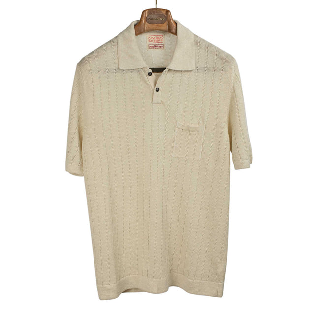 Short sleeve polo in ecru perforated stripe linen