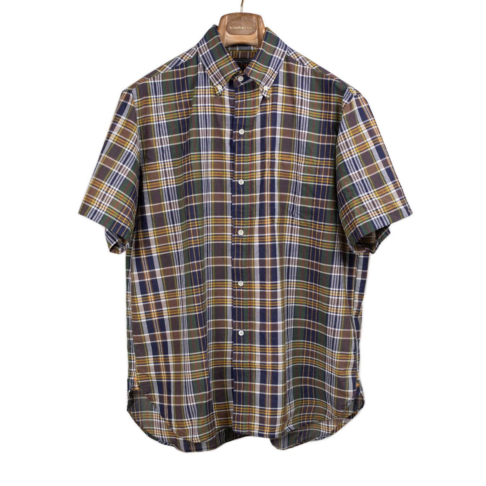 Short Sleeve Buttoned Collar Shirt In And Navy Madras Cotton