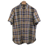 Short sleeve buttoned collar shirt in brown and navy Madras cotton