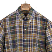 Short Sleeve Buttoned Collar Shirt In And Navy Madras Cotton