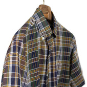 Short Sleeve Buttoned Collar Shirt In And Navy Madras Cotton