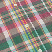 Short Sleeve Buttoned Collar Shirt In Pink And Green Madras Cotton