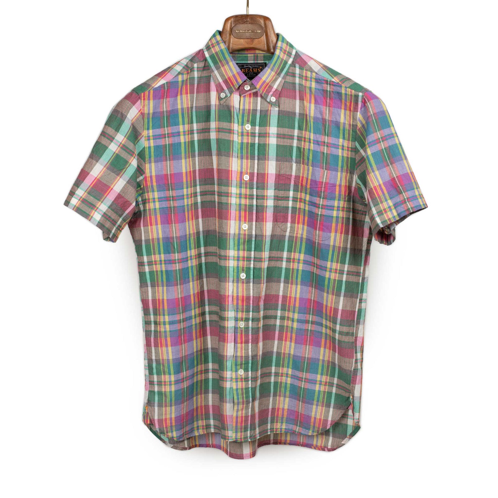 Short Sleeve Buttoned Collar Shirt In Pink And Green Madras Cotton