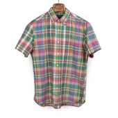 Short sleeve buttoned collar shirt in pink and green Madras cotton
