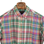 Short Sleeve Buttoned Collar Shirt In Pink And Green Madras Cotton