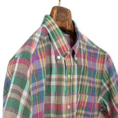 Short Sleeve Buttoned Collar Shirt In Pink And Green Madras Cotton