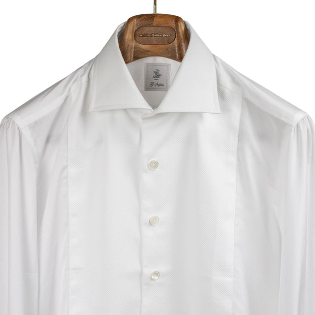 Hand-sewn Marcella bib tuxedo shirt with single cuffs, removable button strip