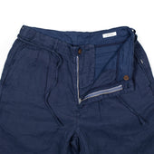 Pleated Tapered Trousers In Blue Washed Linen
