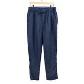 Pleated tapered trousers in navy blue washed linen