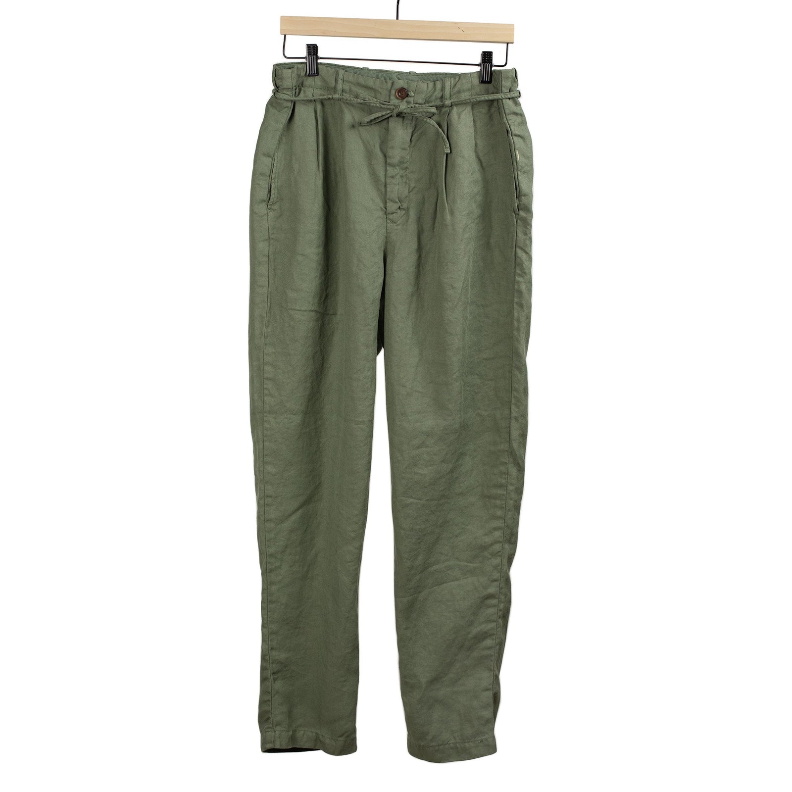 Pleated Tapered Trousers In Green Washed Linen