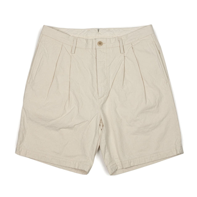 Pleated shorts in Kurashiki natural 10oz washed cotton canvas