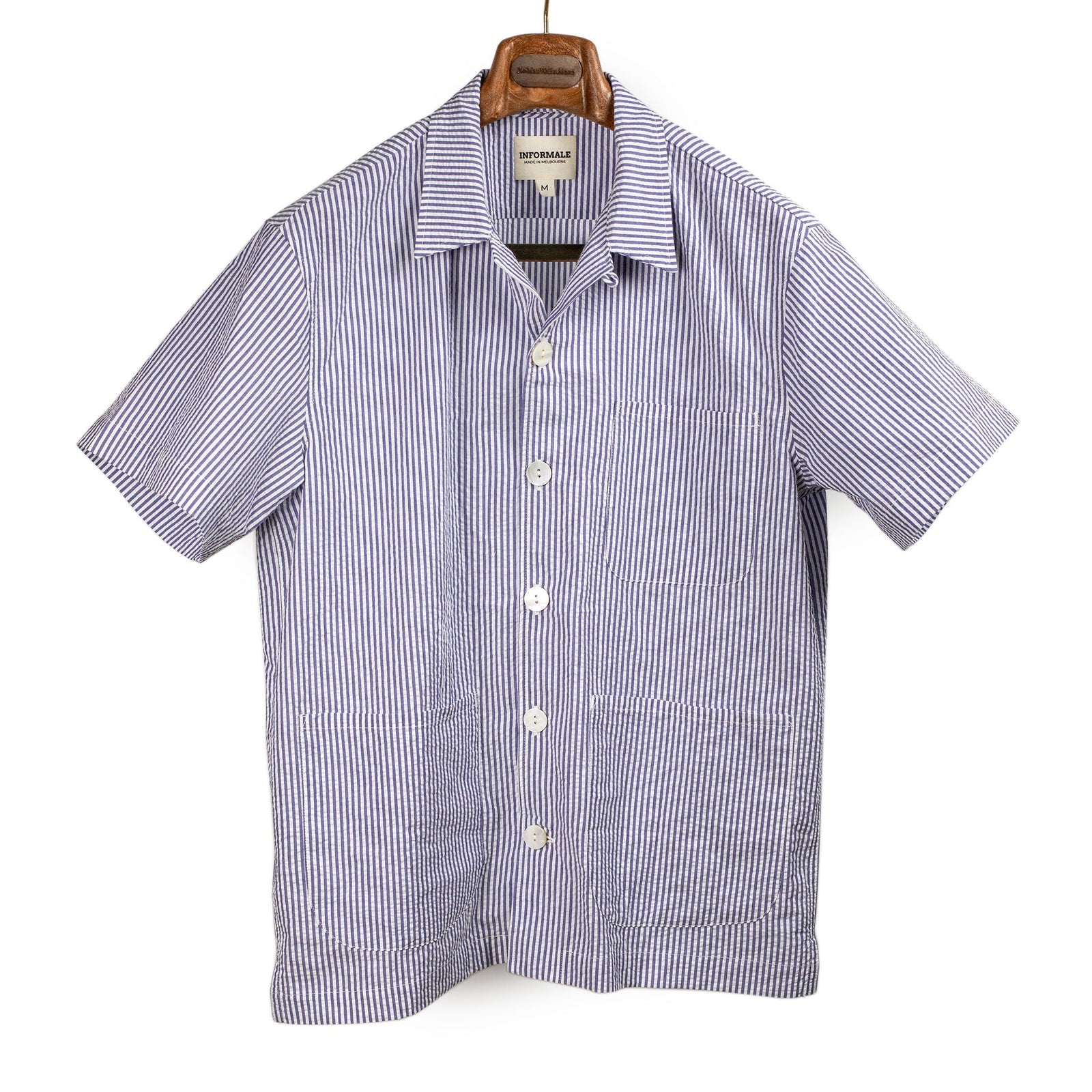 Cabana shirt in navy and white cotton seersucker