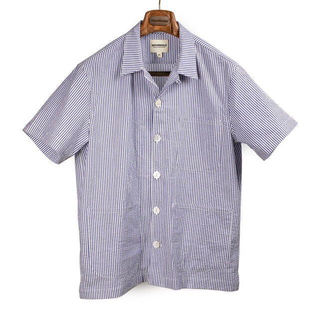Cabana shirt in navy and white cotton seersucker