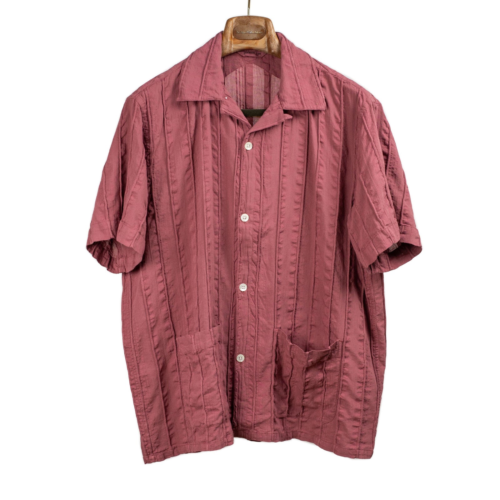 Cabana open collar stripe shirt in brick red cotton