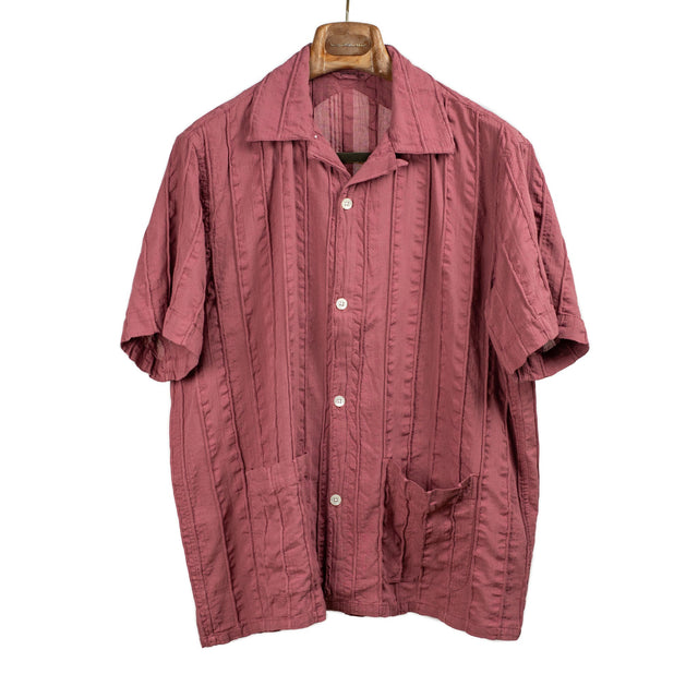 Cabana open collar stripe shirt in brick red cotton