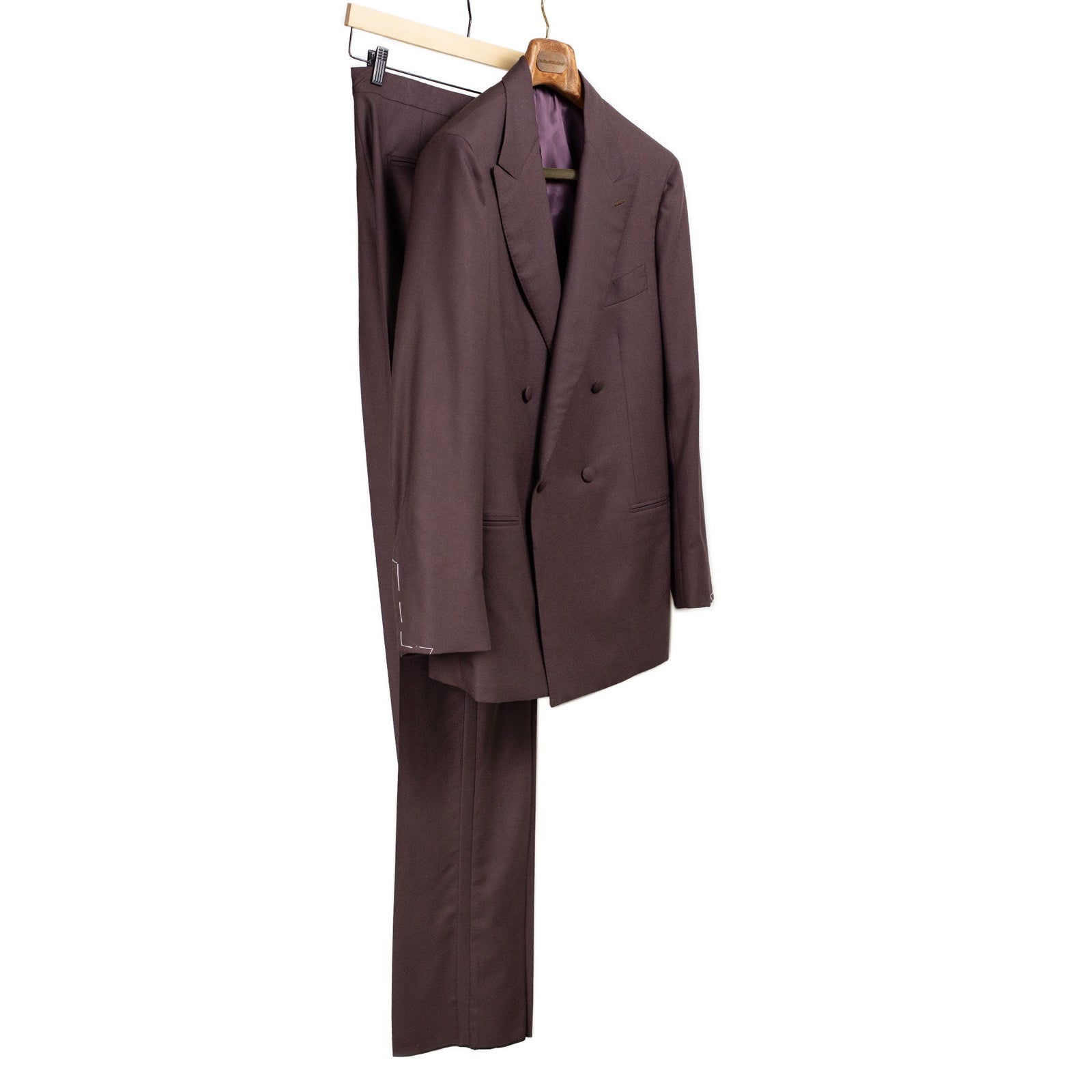 x Sartoria Carrara: double-breasted dinner suit in Fox Bros dark plum Golden Fox tropical wool