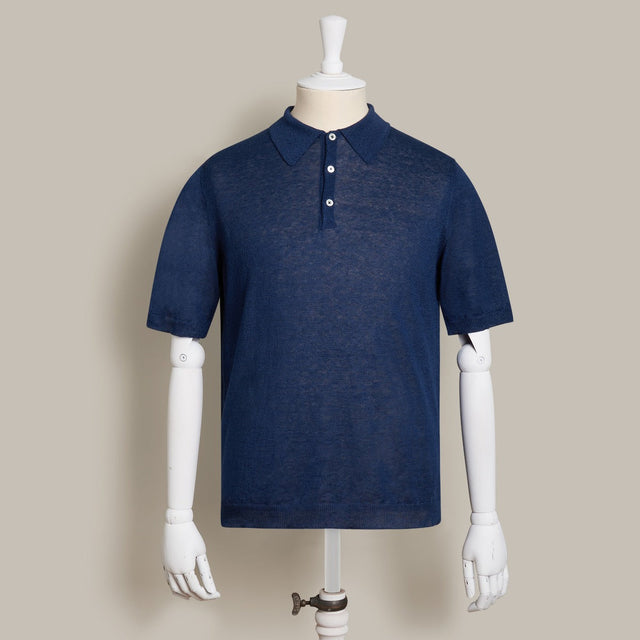 Short Sleeve Knitted Linen Polo Shirt In Navy